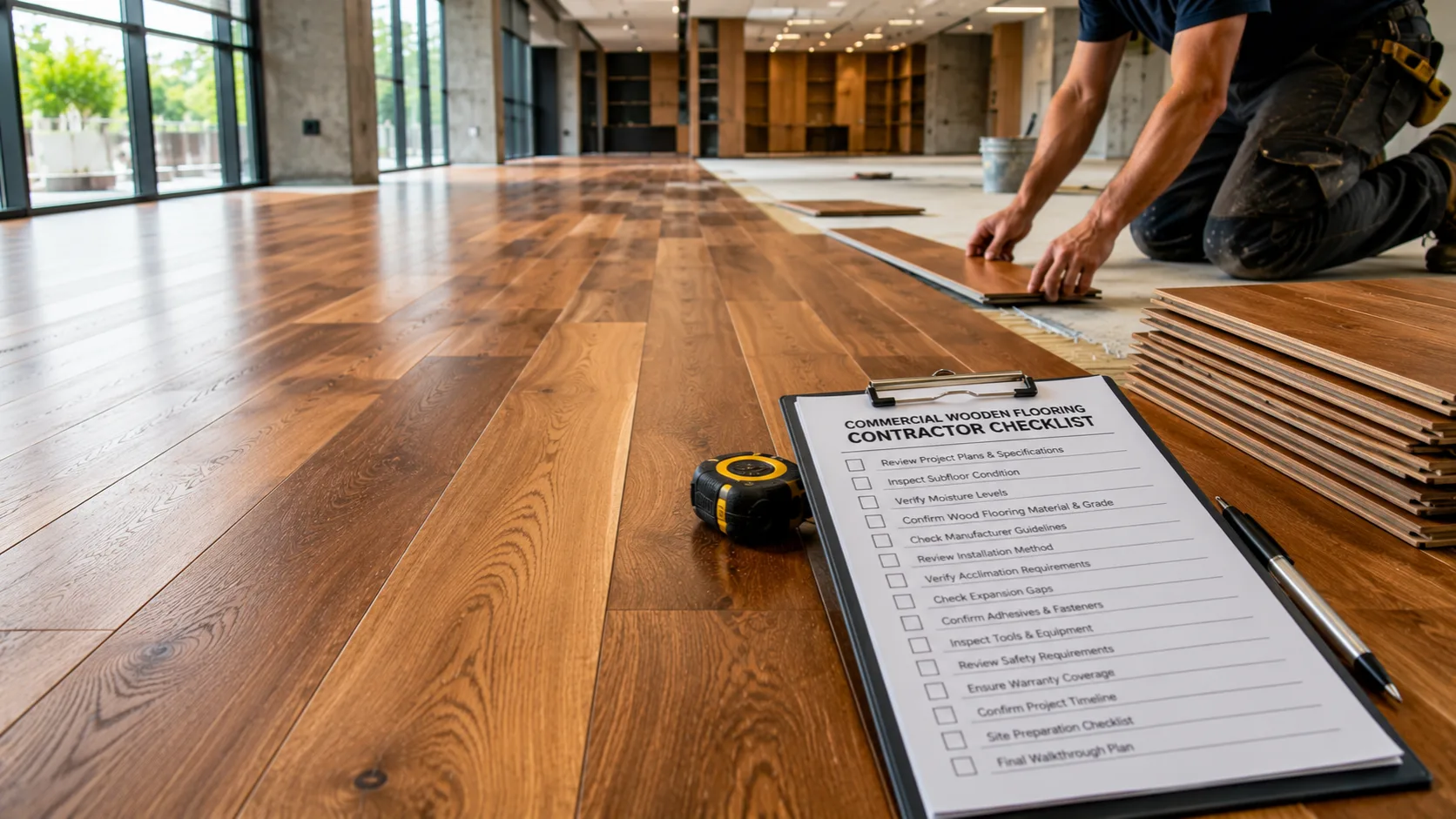 Commercial wooden flooring installed in a modern corporate office by OAKA Floors