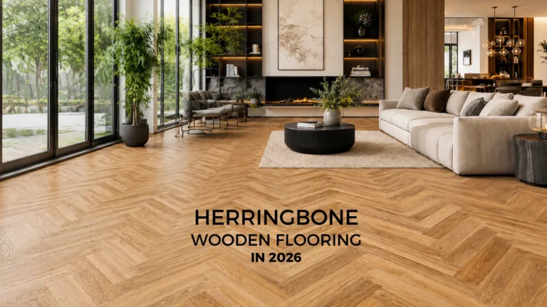 Luxury herringbone wooden flooring in a modern living room by OAKA Floors