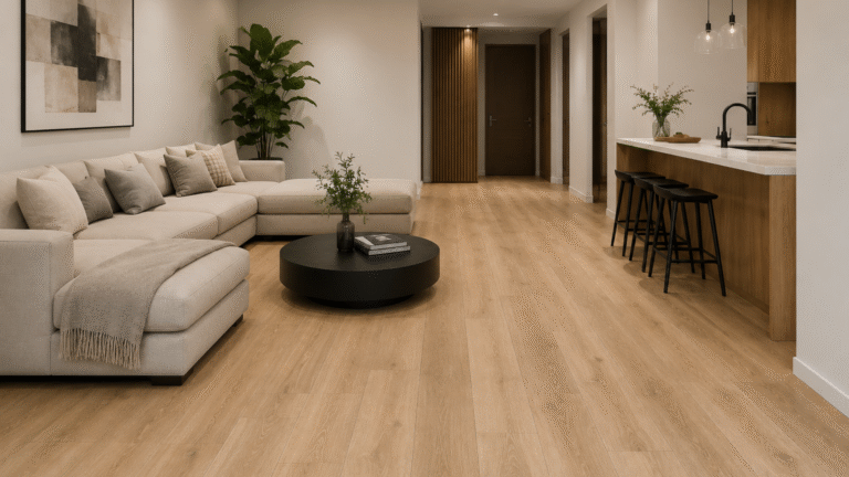 Modern living room interior with vinyl plank flooring in warm oak finish