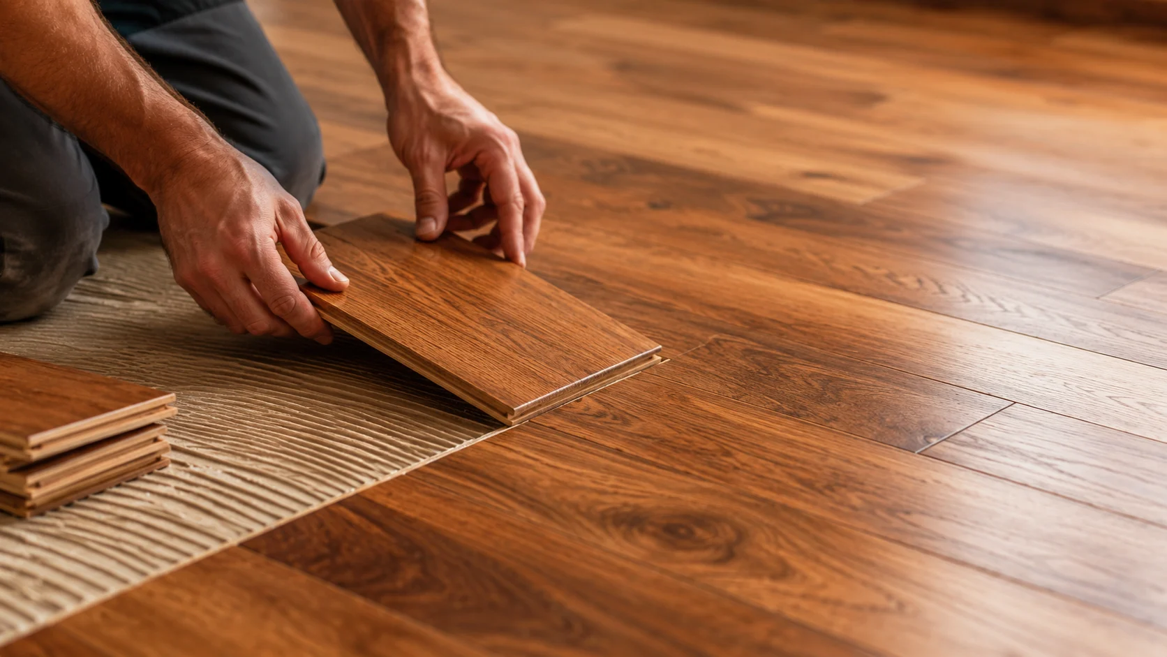What a Professional Wooden Flooring Installer Notices That Homeowners Usually Miss | OAKA Floors Professional wooden flooring installer laying planks in a modern Indian living room