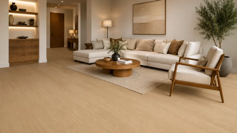 Wide-plank oak wood flooring in a modern Indian living room