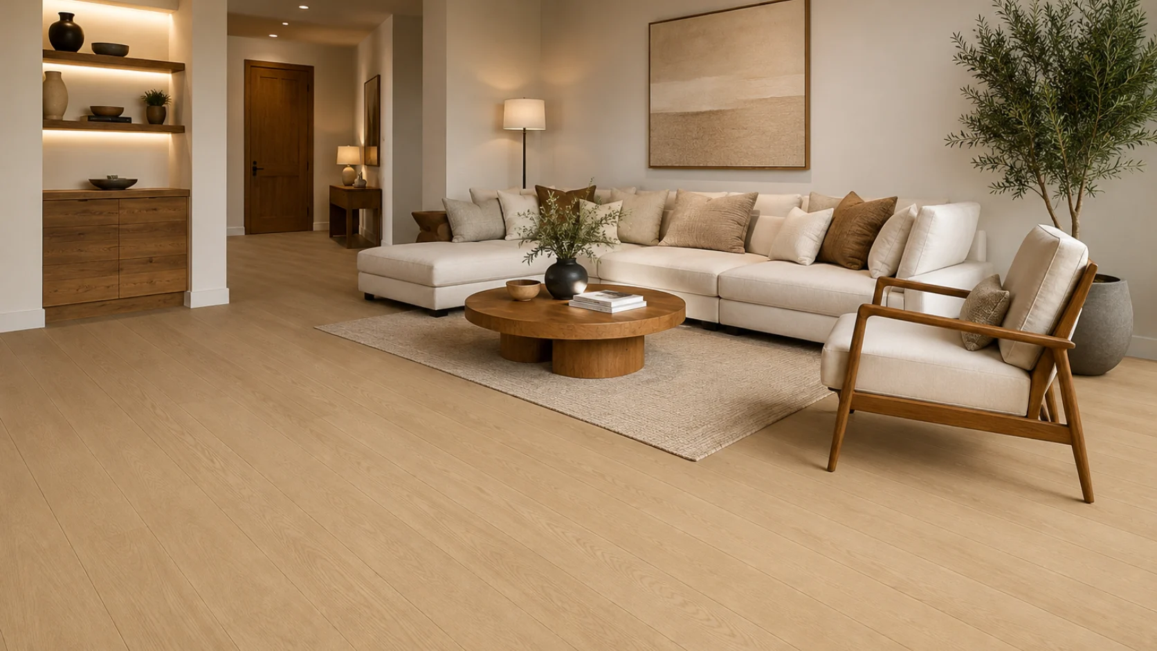 Wide-plank oak wood flooring in a modern Indian living room
