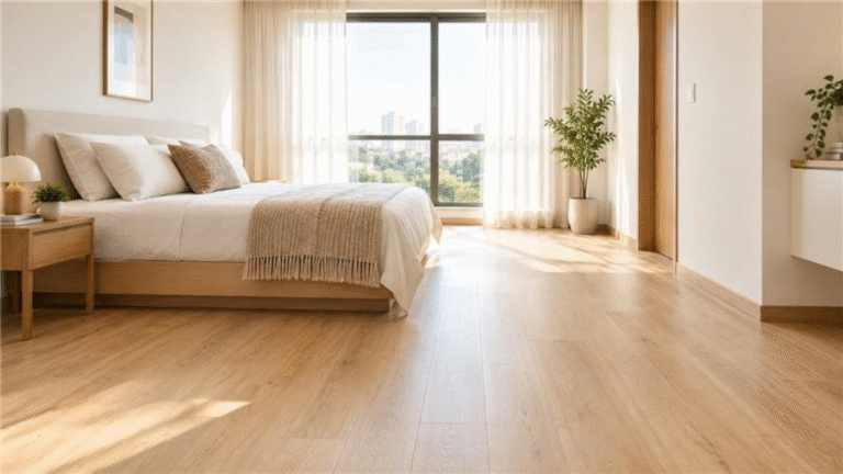 Small bedroom with light-toned luxury vinyl flooring making the room look bigger