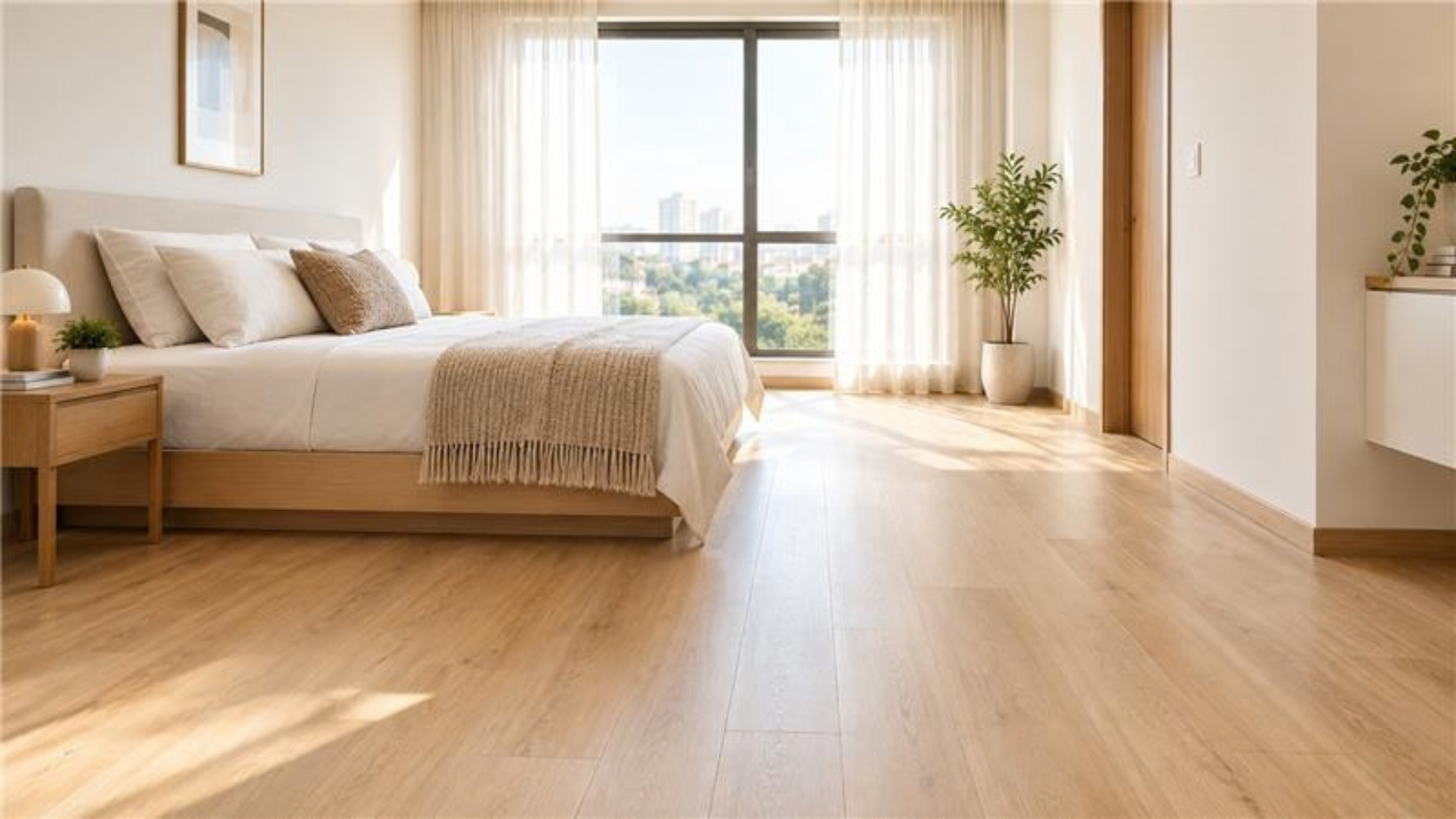 How to Make a Small Room Look Bigger With Flooring | OAKA Floors Small bedroom with light-toned luxury vinyl flooring making the room look bigger