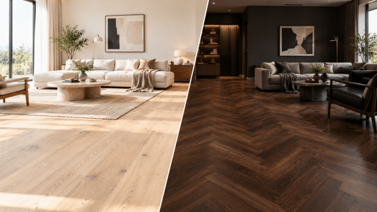 Light vs dark wooden flooring comparison in a modern living room