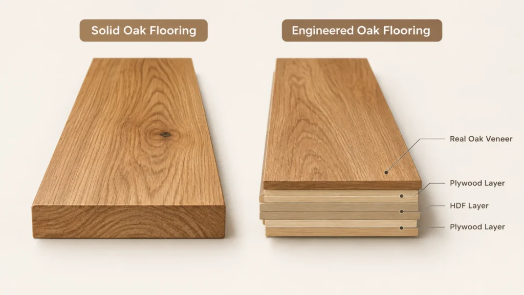 Luxury Wooden Flooring for High-Traffic Homes: Durability, Scratches, Pets & Everyday Use | OAKA Floors Solid oak flooring vs engineered oak flooring cross-section diagram showing layer structure
