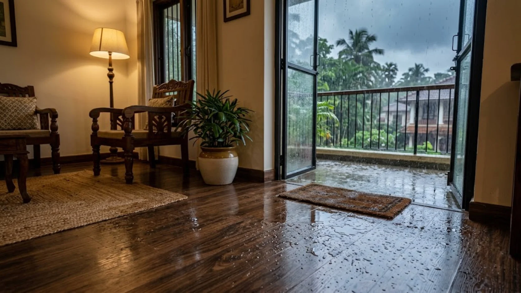 Waterproof wood flooring installed in humid Indian living room
